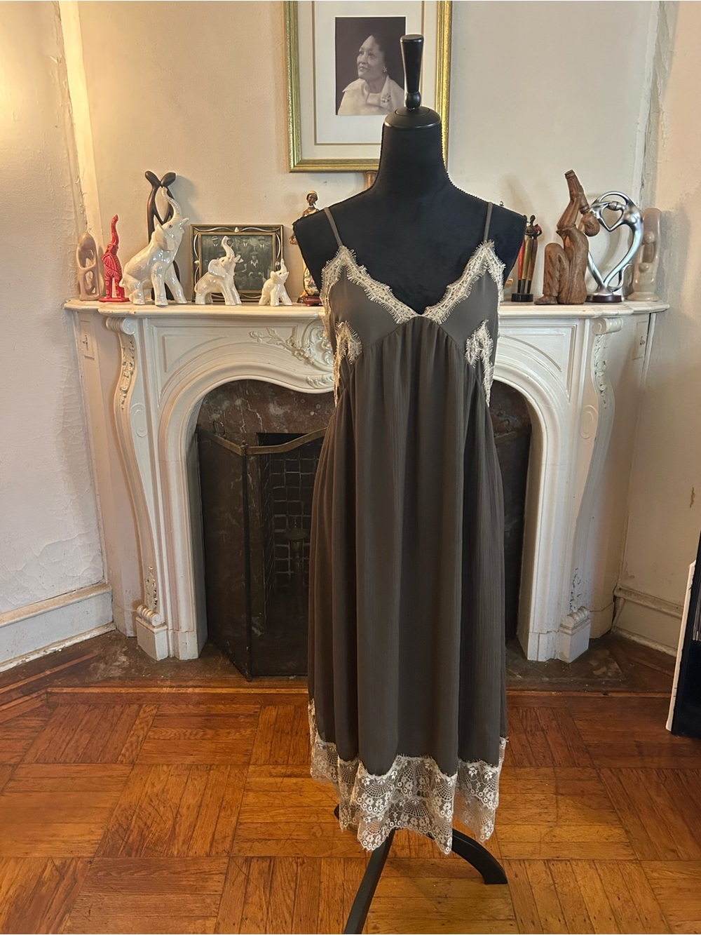 Zara Olive Slip Midi Dress with Cream Lace Trim